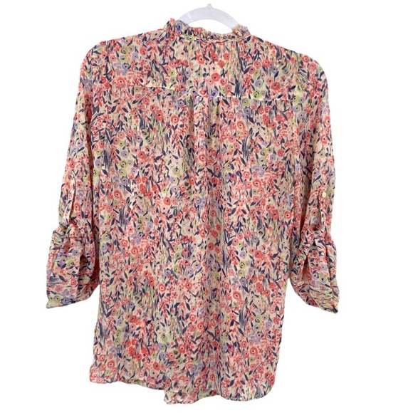 LC Lauren Conrad Button Front Floral Print Tie Front Roll-Up Sleeve Blouse - Picture 4 of 9